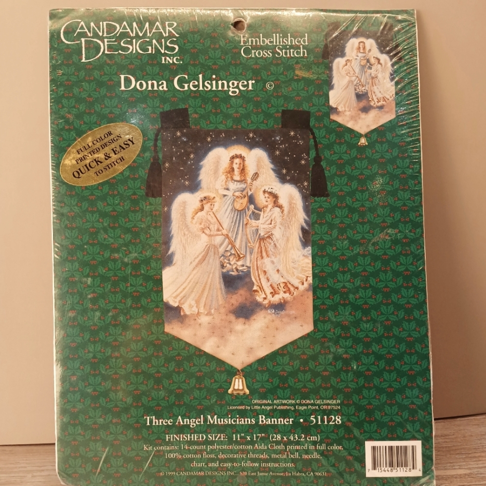 Embellished Cross Stitch Kit; "Three Angel Musicians" by Candamar, Size 11"x17"